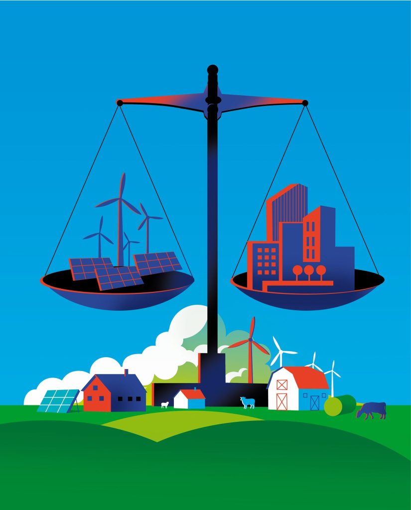 Imagine of a scale balancing energy infrastructure and city structures.